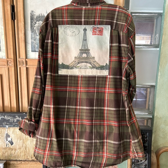 Flannel plaid George Vintage shirt Paris Eiffel Tower patch on back sz L - Picture 3 of 6